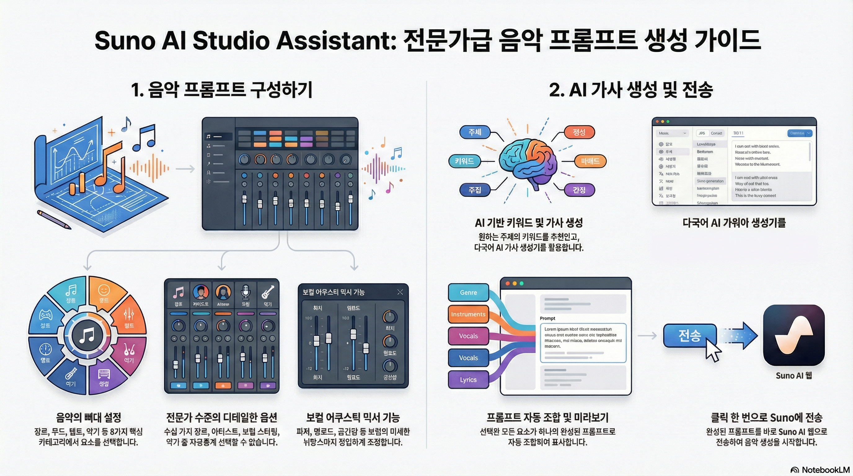 Suno AI Studio Assistant 전문가급 음악 프롬프트 생성 가이드 - 음악 프롬프트 구성, AI 가사 생성, Suno 전송